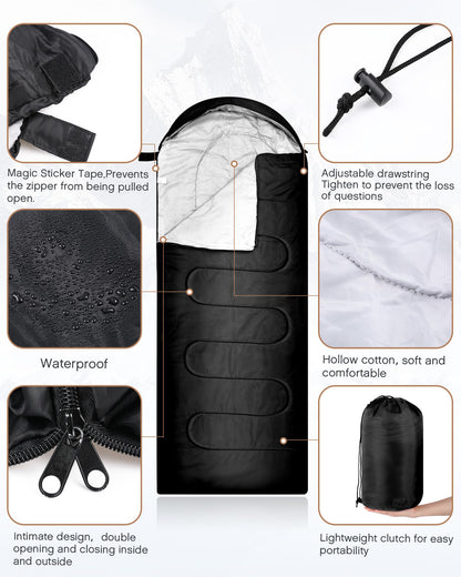 Tranqun 40 Pcs Sleeping Bags for Adult Bulk with Winter Beanie Hat Touch Screen Gloves Scarves, Waterproof Cotton Liner Cold Weather Sleeping Bag for Homeless Camping Indoor Outdoor(Black)