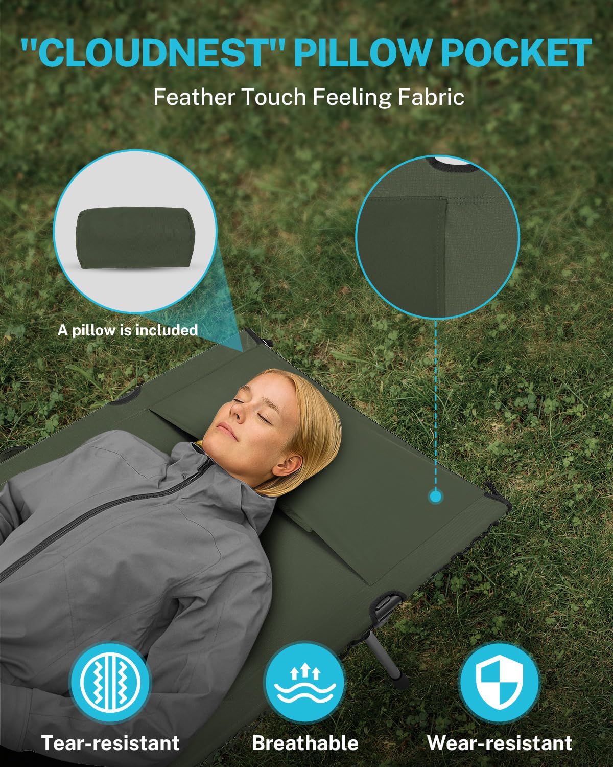 Gonex 31.5" Extra Wide Camping Cot with Leg Extenders 2 in 1 Portable Folding Cot for Adults Height Adjustable Supports 350lbs Sleeping Bed for Backpacking Travel Beach Home (Army Green)