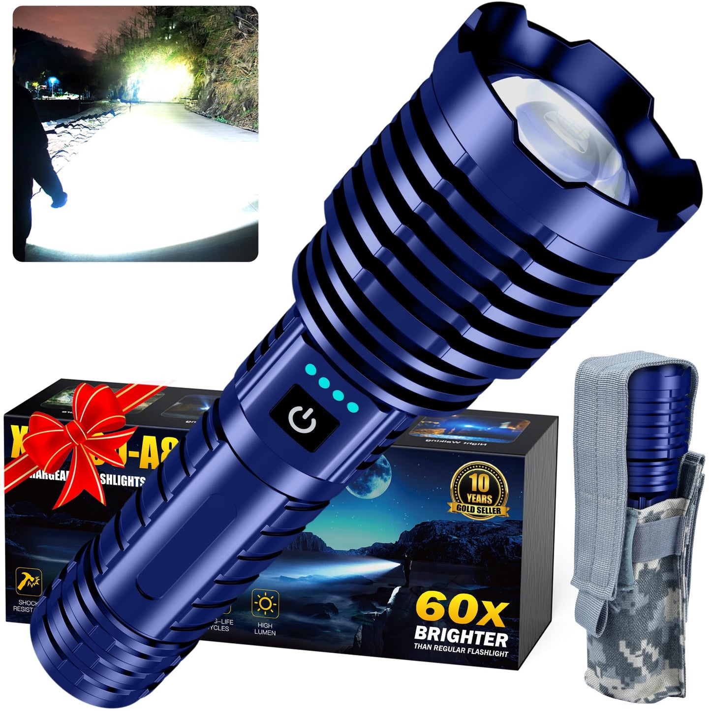 Grentay Black&Blue Rechargeable LED Flashlights High Lumens,Super Bright Flashlight with Input and Output Functions,10 Light Modes,Zoomable, IP67 Waterproof,Tactical Flashlight for Camping