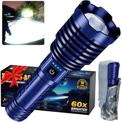 Grentay Black&Blue Rechargeable LED Flashlights High Lumens,Super Bright Flashlight with Input and Output Functions,10 Light Modes,Zoomable, IP67 Waterproof,Tactical Flashlight for Camping