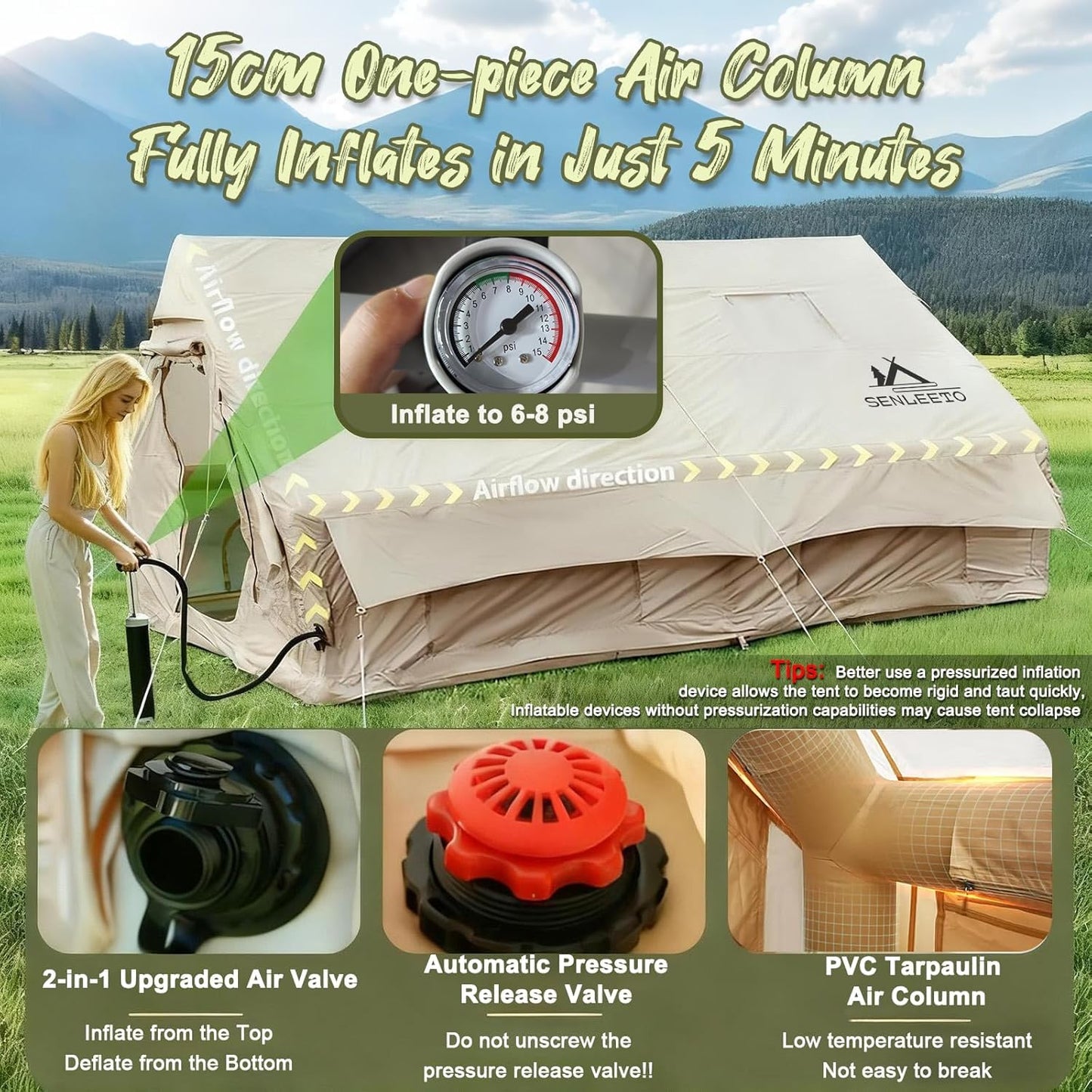 13' x 10' Large Inflatable Tent for Camping 8-10 Person, 4 Season Inflatable Hot Tent with Stove Jack, Easy Setup Blow Up Tents for Camping with Hand Pump, Waterproof Floor Matress
