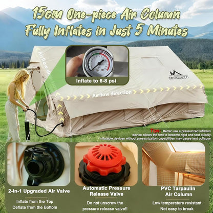 13' x 10' Large Inflatable Tent for Camping 8-10 Person, 4 Season Inflatable Hot Tent with Stove Jack, Easy Setup Blow Up Tents for Camping with Hand Pump, Waterproof Floor Matress