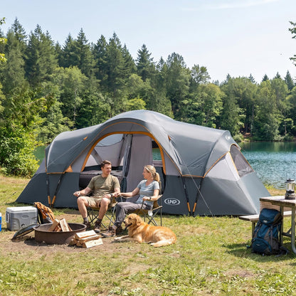 UNP Camping Tent 10-Person-Family Tents, Parties, Music Festival Tent, Big, Easy Up, 5 Large Mesh Windows, Double Layer, 2 Room, Waterproof, Weather Resistant, 18ft x 9ft x78in (Gray)