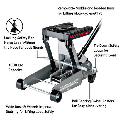 Powerbuilt 2 Ton Triple Lift Floor Jack, Works on Cars, Trucks, Motorcycles, ATV's, Transmissions, 4-3/4 to 17 in. Range, Wide and Stable, Locking Safety Bar - 620422E