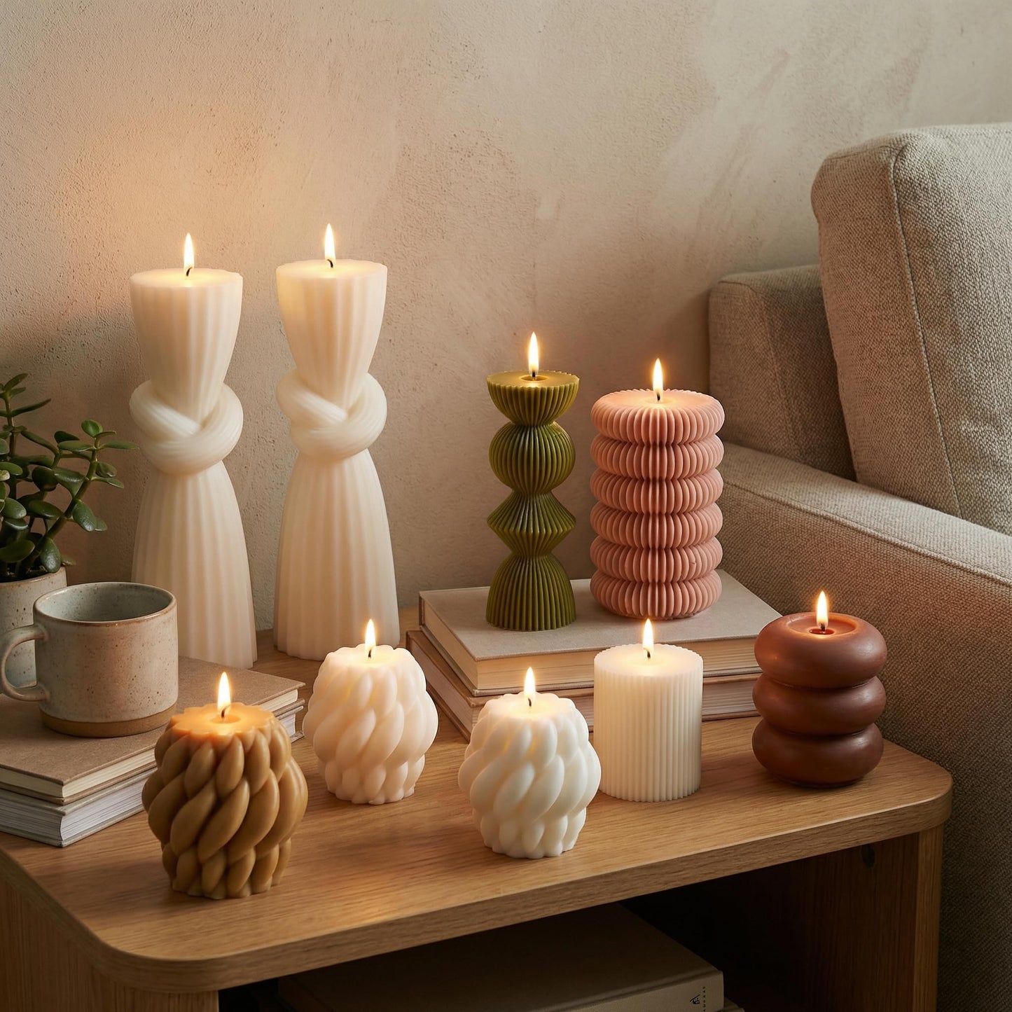 Conelist 9pcs Rustic Farmhouse Pillar Candles Set 3.1"-7.7" Handmade Neutral Soy Wax Ribbed Scented Aesthetic Swirl Candle for Dining Table Centerpiece Home Wedding Decor