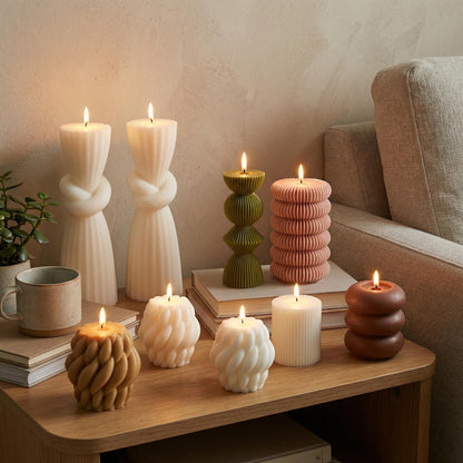 Conelist 9pcs Rustic Farmhouse Pillar Candles Set 3.1"-7.7" Handmade Neutral Soy Wax Ribbed Scented Aesthetic Swirl Candle for Dining Table Centerpiece Home Wedding Decor