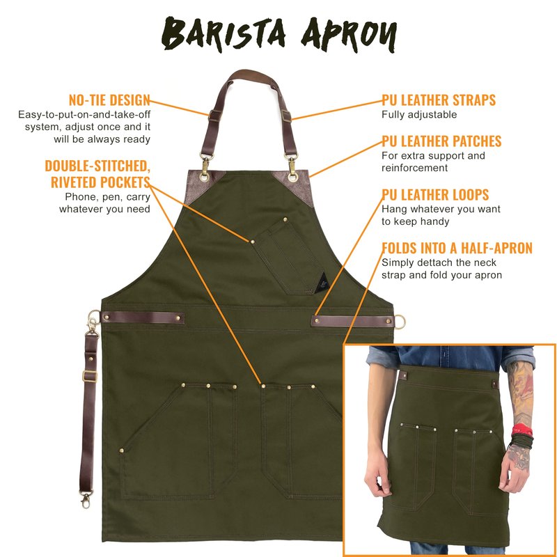 Under NY Sky Barista Apron - Brown Leather Straps and Reinforcement - Riveted Pockets - Double Stiched - Leather Ring Loop - Professional Green Twill - Double as Half Bistro Apron - Chefs, Bartender