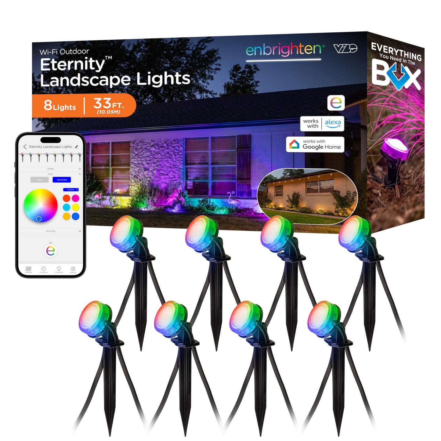 Enbrighten Vibe Eternity Landscape Lights, 33ft, 8 RGBWIC LEDs, Weatherproof, Perfect for Garden, Pathway, and Home Exterior Lighting, Smart App Control, Compatible with Alexa, Google Home, 83789