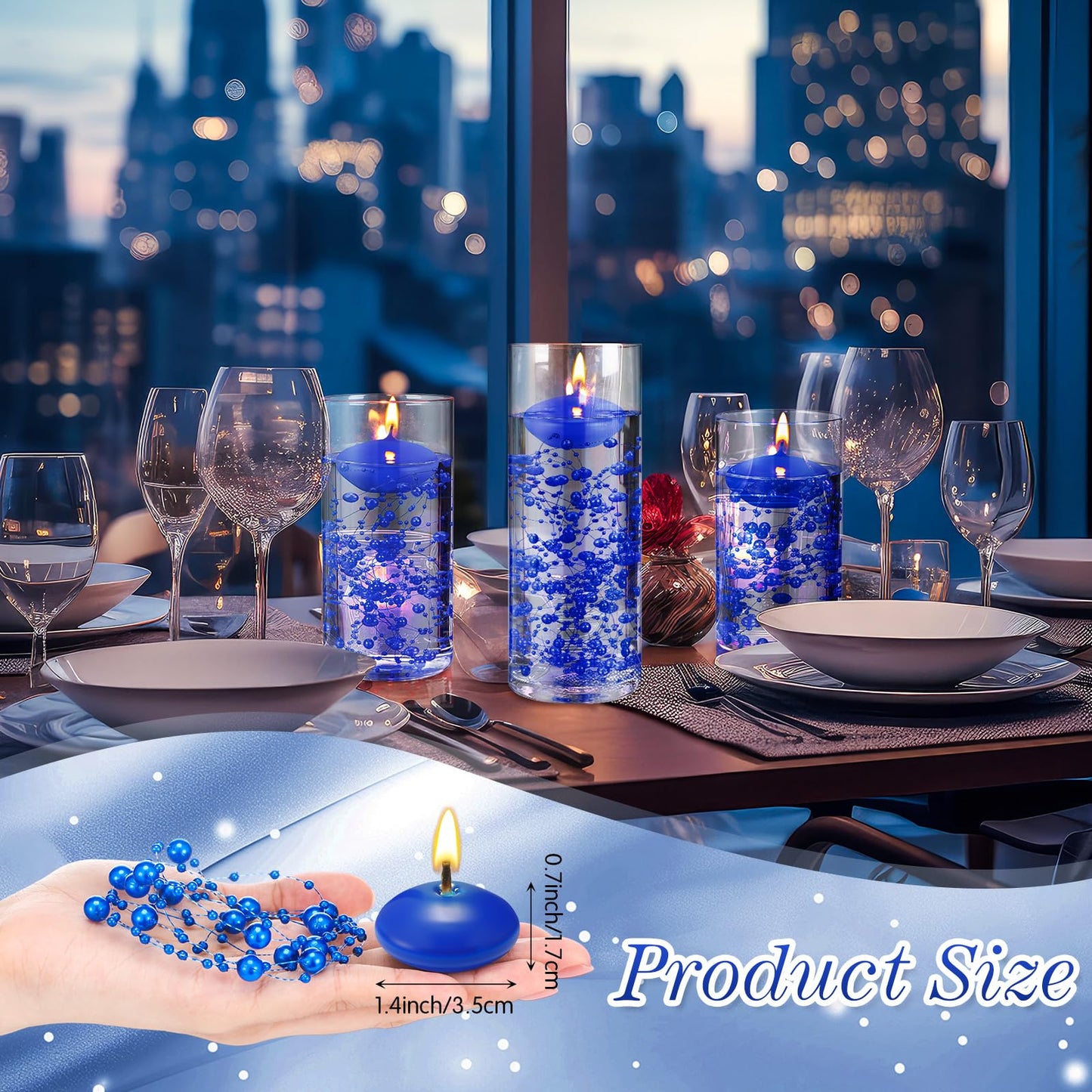 Fumete 40 Pcs Blue Floating Candles Pearl Strings for Centerpieces Small Unscented Floating Candles Vase Fillers Table Decoration for Meditation, Spa, Swimming Pool Party, Wedding Dining Table Decor