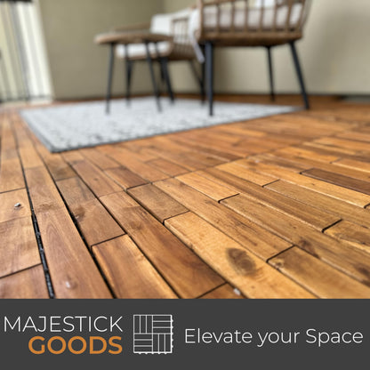 Majestick Goods Interlocking Longboard Deck Tiles, Acacia Wood Interlocking Deck Tiles - Easy Install for Patio Flooring & Walkways with Raised Base Drainage, 24 x 12 x 0.9 in. (12 Count)