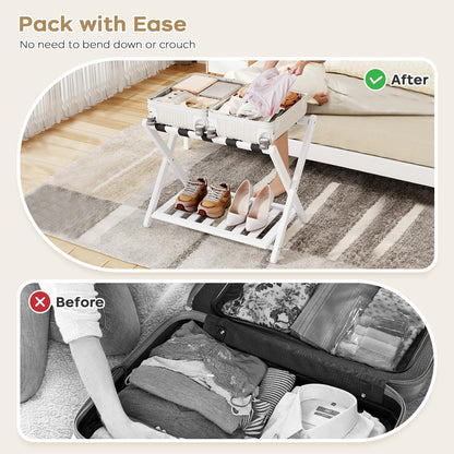 Oakvora Luggage Rack for Guest Room - Set of 2 Full Assembled 26.77" L Luggage Rack Stand for Suitcases, Foldable Luggage Holder with Shoe Shelf for Bedroom, Hotel (White Bamboo Suitcase Stands)