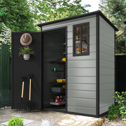 DWVO 5x3ft Resin Outdoor Storage Shed with Floor, Waterproof Lockable Storage Shed with Window, Plastic Outside Tool Storage for Garden, Backyard Patio