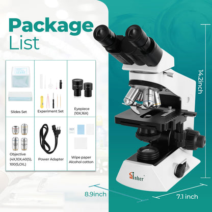 Sinher XSZ-2108A Professional lab Compound Binocular microscopes 40X-2000X Magnification for Kids Students Adults School Lab Home Education with Microscope Slides Set.