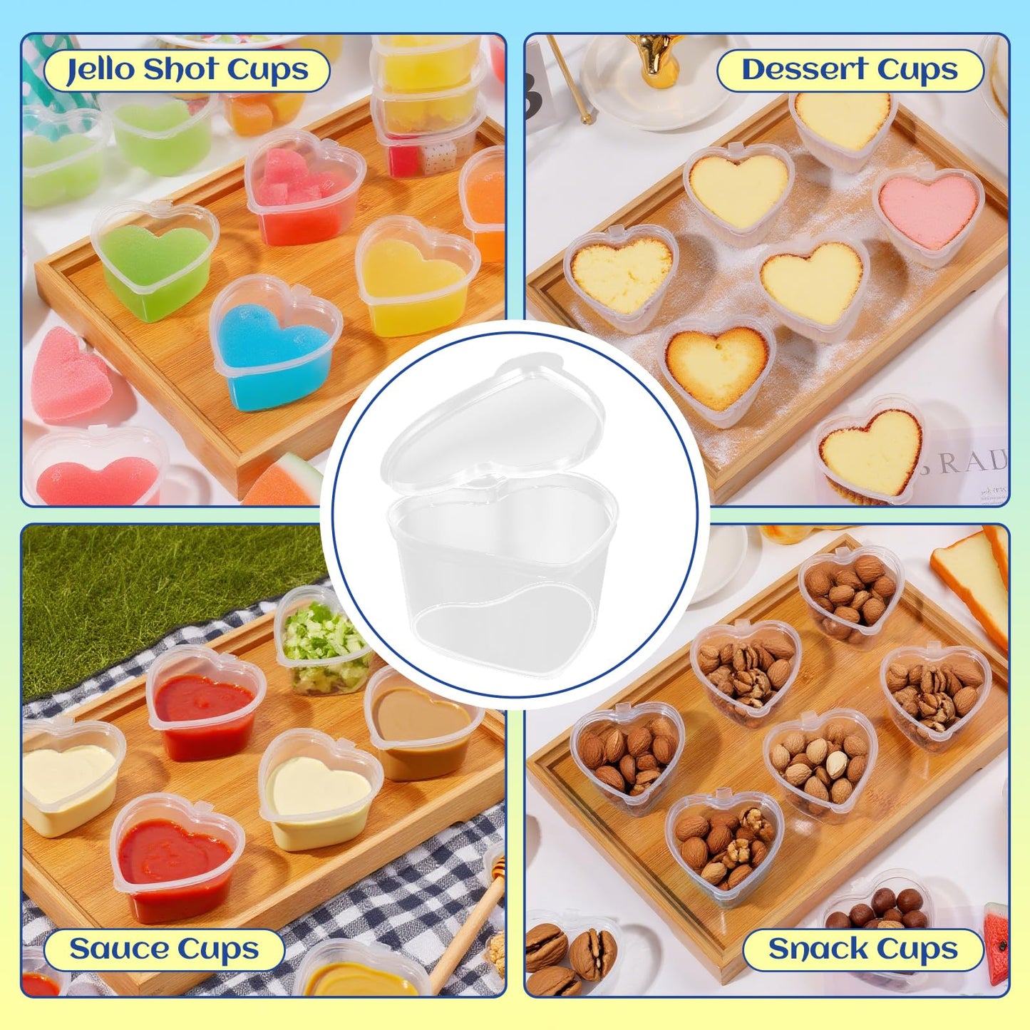 ISKYBOB 50Pcs 1.5oz Heart Shaped Jello Shot Cups with Lids, Disposable Plastic Heart Shape Storage Containers for Sauce, Condiment, Leakproof Small Portion Cup for DIY Slime Liquid Foam Ball Soft Clay
