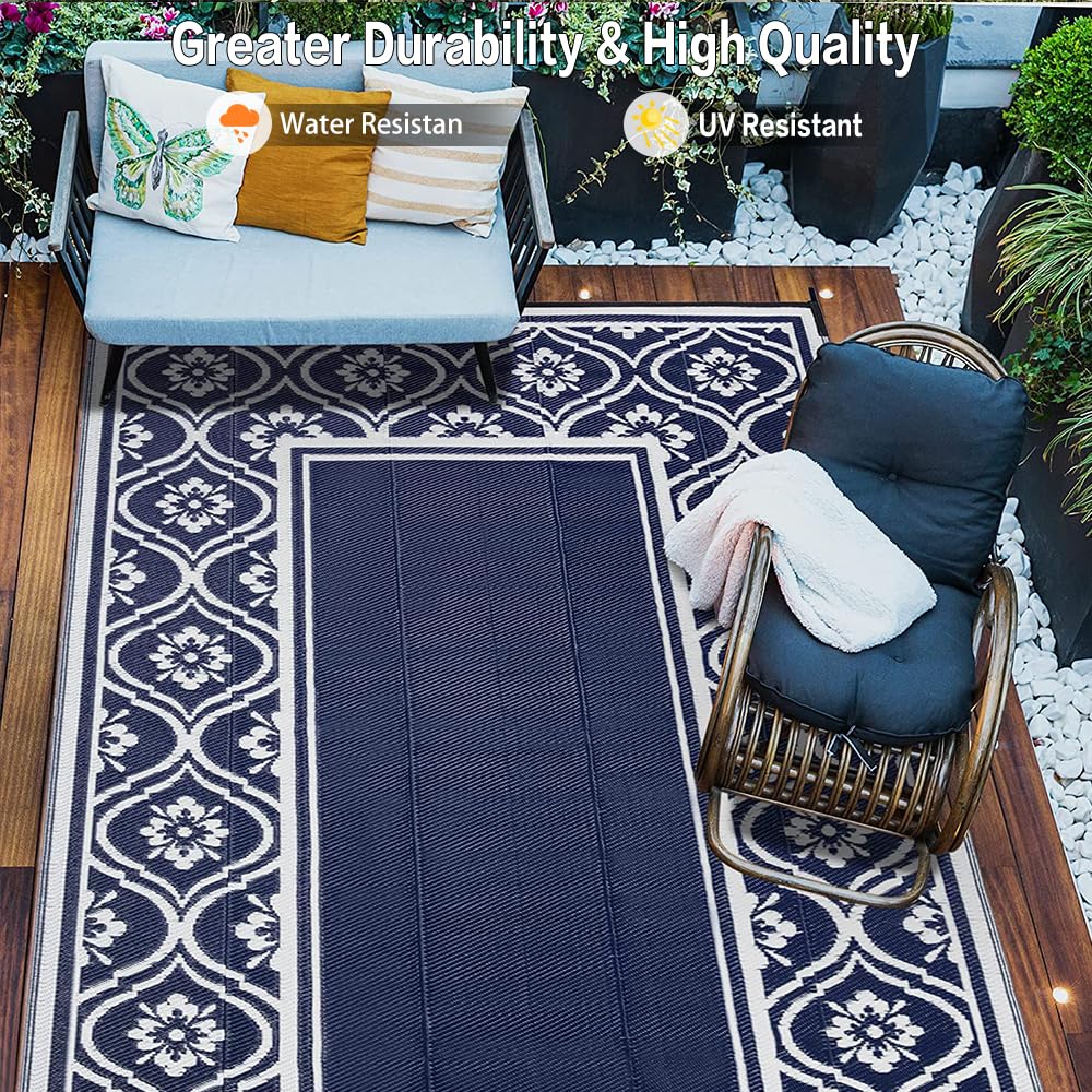 HUGEAR Patio Rug 10'x14' Waterproof Outside Area Rugs Reversible Blue Outdoor Plastic Straw Carpet for RV Deck Camping Entryance Porch Picnic Balcony Beach