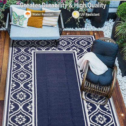 HUGEAR Patio Rug 10'x14' Waterproof Outside Area Rugs Reversible Blue Outdoor Plastic Straw Carpet for RV Deck Camping Entryance Porch Picnic Balcony Beach