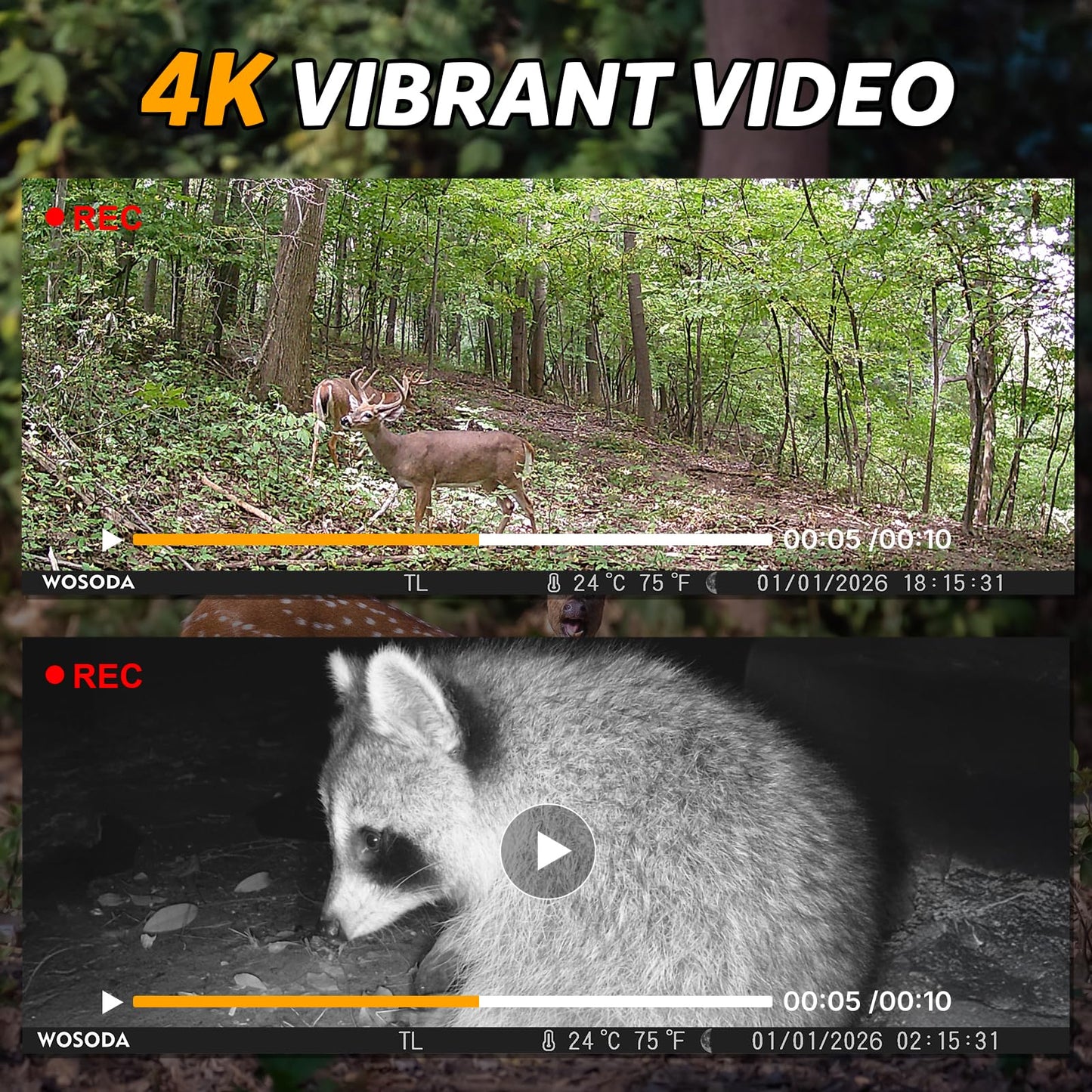 WOSODA ﻿3 Pack Trail Cameras, 48MP 4K No-Glow Night Vision Game Camera, Trail Cam with Motion Activated, IP66 Waterproof,2''LCD Screen,120° Wide Lens Wildlife Camera,Outdoor Scouting & Security