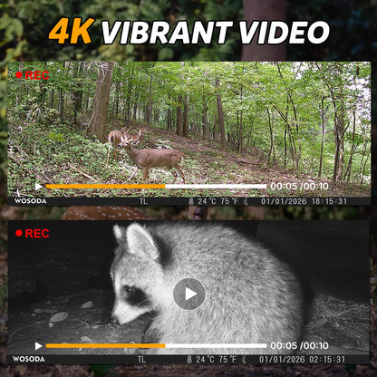 WOSODA ﻿3 Pack Trail Cameras, 48MP 4K No-Glow Night Vision Game Camera, Trail Cam with Motion Activated, IP66 Waterproof,2''LCD Screen,120° Wide Lens Wildlife Camera,Outdoor Scouting & Security