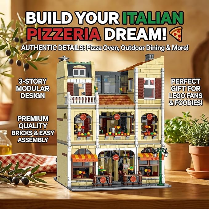 Pizza Shop Street View Building Blocks Set5588Pieces 3-Story Retro European Architecture Model with Detail Interior Scenes Collectible Modular Building Blocks for Adults &amp Teens 14+