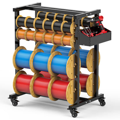 Upgraded Wire Spool Rack 8 Rod Cable Caddy Adjustable Wire Spool Holder with Locking Wheels 400 Lbs Capacity Cable Dispenser for Electrical and Industrial Use (Black)