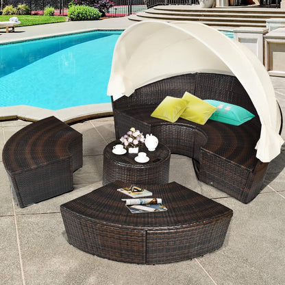 COSTWAY Patio Round Daybed with Retractable Canopy, Wicker Furniture Sectional Couch with Separate Cushioned Seats, Adjustable Table Top, Patio Rattan Daybed Sofa for Backyard, Poolside, White