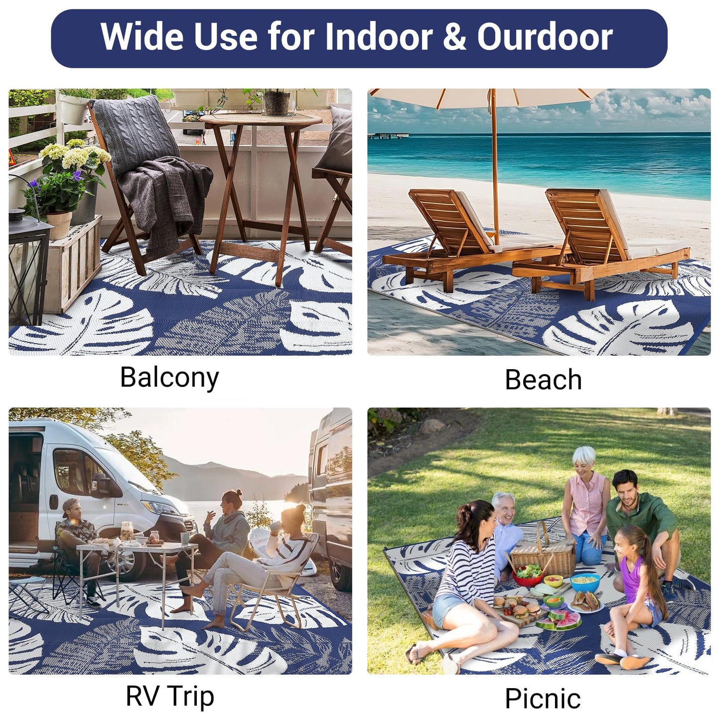 IDEALHOUSE Outdoor Rug 9x18 Ft, Waterproof Plastic Reversible Rug, Modern Leaf Pattern Plastic Camping Mat for Outdoors, RV, Patio, Backyard, Deck, Picnic, Beach, Traile(Dark Blue & White)