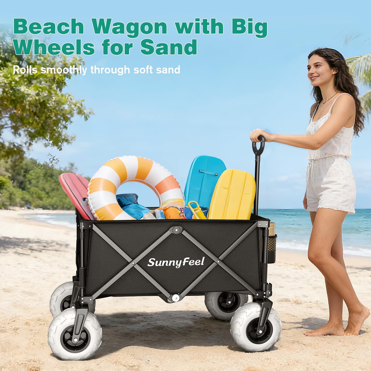 SUNNYFEEL Heavy Duty Beach Wagon with Big Wheels for Sand, 550LBS Capacity, 200L Beach Cart with Adjustable Handle, Foldable Wagon Cart for Camping, Garden, Shopping (Black)