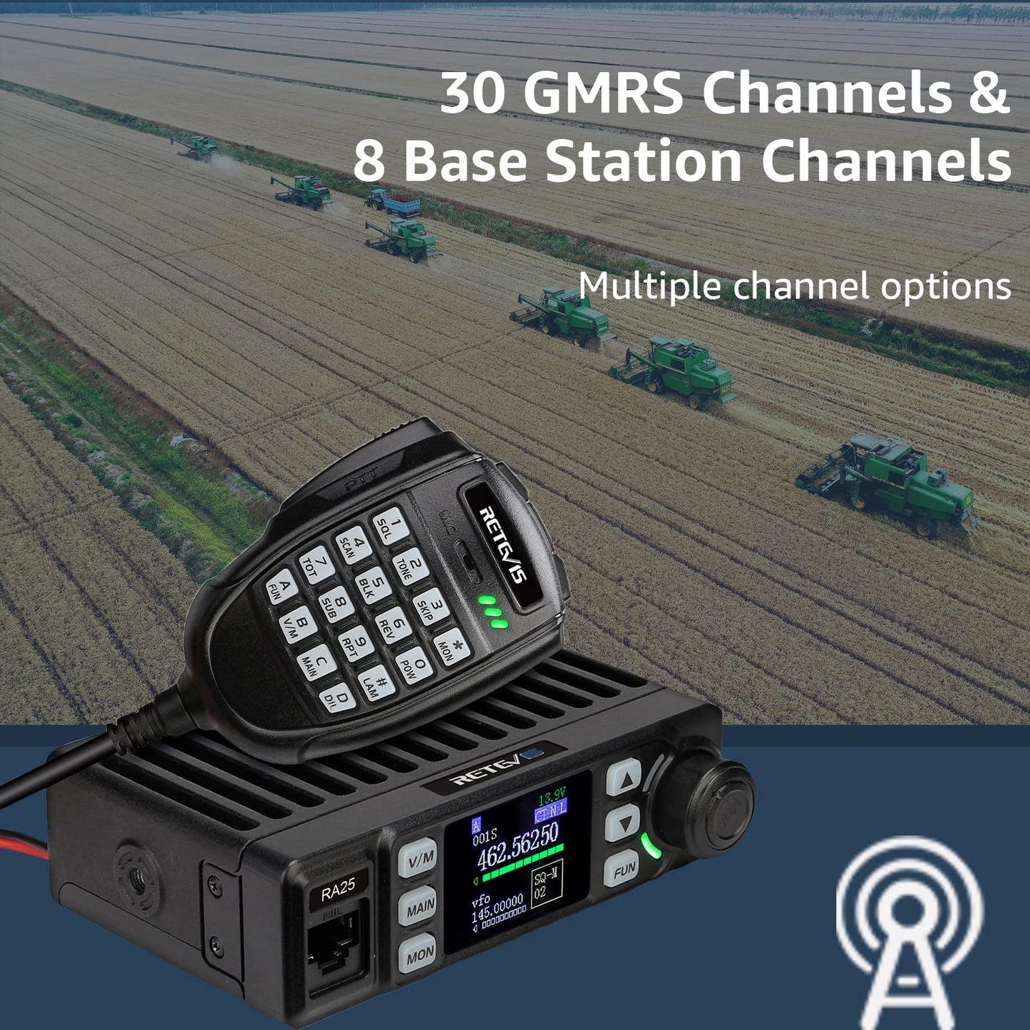 Retevis RA25 GMRS Mobile Radio, Long Range GMRS Radio Mobile Transceiver, 8 Repeater Channel Base Station, Emergency Alarm FM Radio, Mobile Two Way Radio for Farm Overlanding