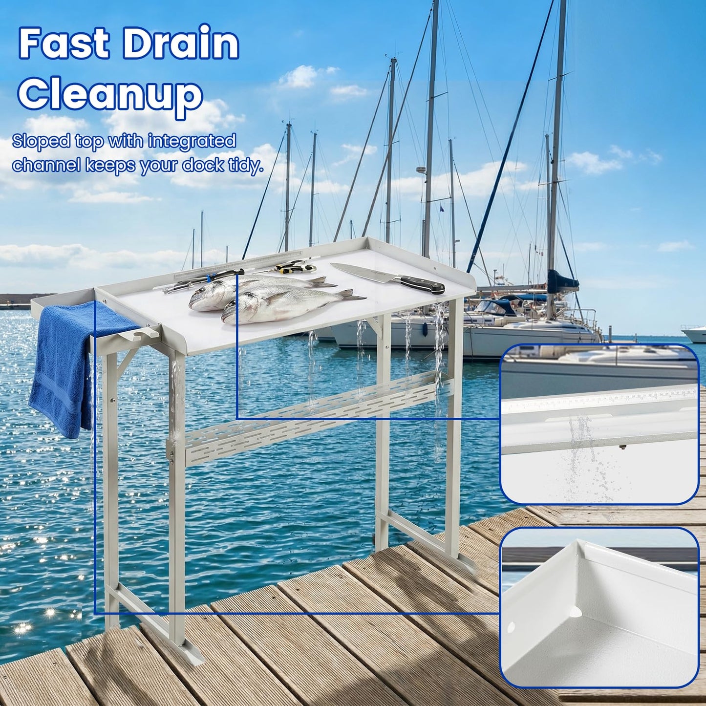 Professional Dock Mounted Fish Fillet Table, 38.6" Large HDPE Cleaning Station with Heavy Duty Steel Frame, Tool Trays & Integrated Drainage for Docks & Marinas (40" Tall Ergonomic Design)