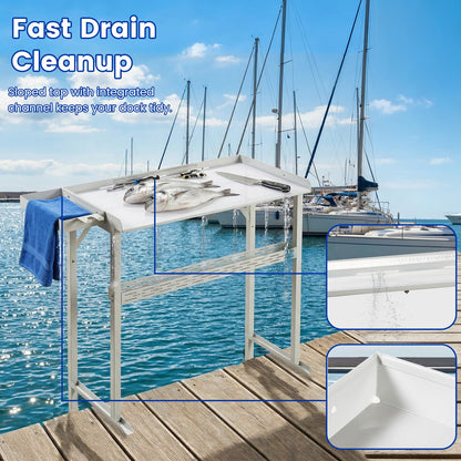 Professional Dock Mounted Fish Fillet Table, 38.6" Large HDPE Cleaning Station with Heavy Duty Steel Frame, Tool Trays & Integrated Drainage for Docks & Marinas (40" Tall Ergonomic Design)
