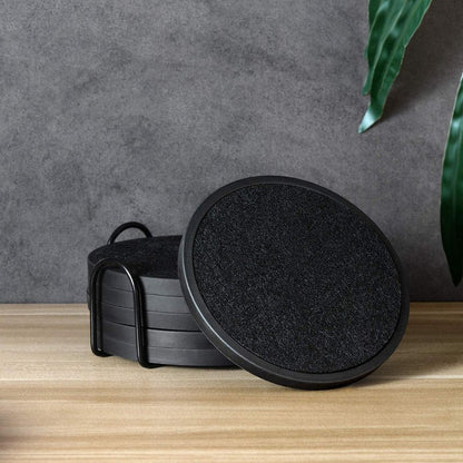 Absorbent Coasters for Drinks with Holder - 6packs, Silicone Coaster with Soft Felt Insert, Black (Coasters with Holder, Black)