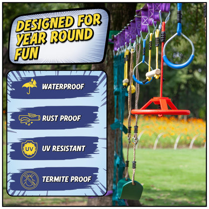 Trailblaze Ninja Warrior Obstacle Course for Kids - Ultimate Outdoor Fun 2x55 Ft Ninja Slackline Climbing Net Rope Ladder Trapeze Swing Monkey Bars - Durable and Safe Ninja Course for Kids Outside