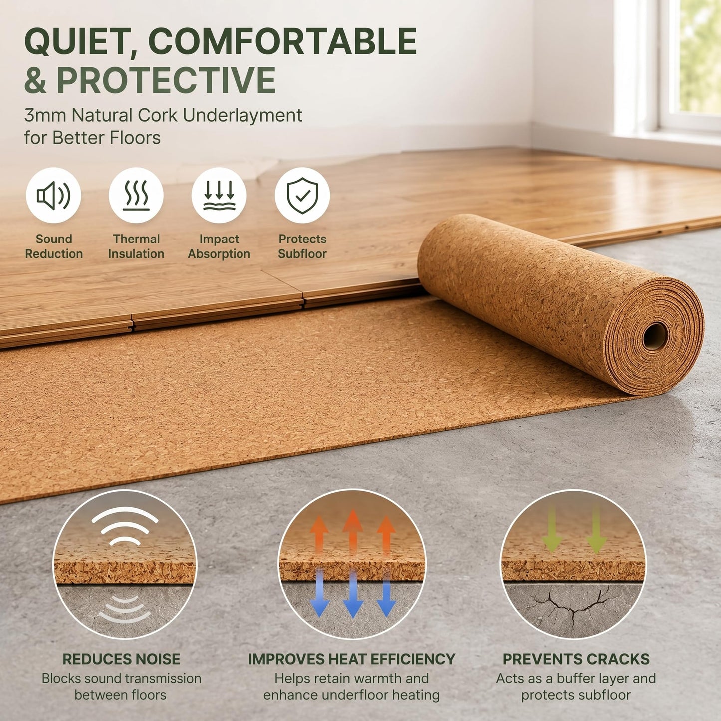 200 Sq. Ft. Cork Roll 48 x 600 Inch Cork Underlayment Roll Sound Insulation Mildew and Moisture Proof for Office Home School DIY Supplies(3mm Thick)