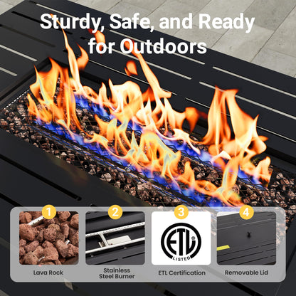 FansaFurn 43'' Propane Fire Pit Table, 50000 BTU Gas Fire Pits Table with Removable Lid and Lava Rock, Rectangular Fire Table with Cover, Ideal for Dining or Party on Patio, Garden, Yard, Black