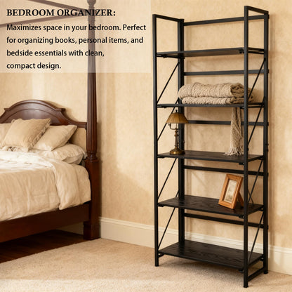 Kogven Folding Bookshelf, 2-in-1 Convertible Design, Multifunctional Plant Stand Storage Rack Shelves for Home Office, Easy Assembly, 5-Tier, Black