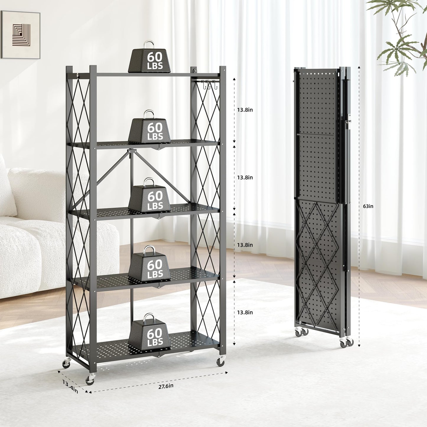 Fenbeli 5 Tier Folding Storage Shelf with Wheels & 8 S-Hooks, No Assembly Heavy Duty Metal Foldable Shelves, 300 LBS Capacity Rolling Collapsible Shelving Unit for Kitchen, Garage, Pantry, Living Room
