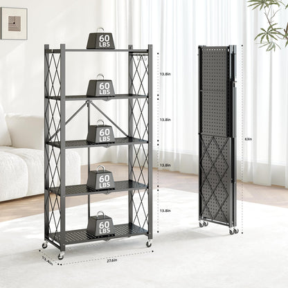 Fenbeli 5 Tier Folding Storage Shelf with Wheels & 8 S-Hooks, No Assembly Heavy Duty Metal Foldable Shelves, 300 LBS Capacity Rolling Collapsible Shelving Unit for Kitchen, Garage, Pantry, Living Room