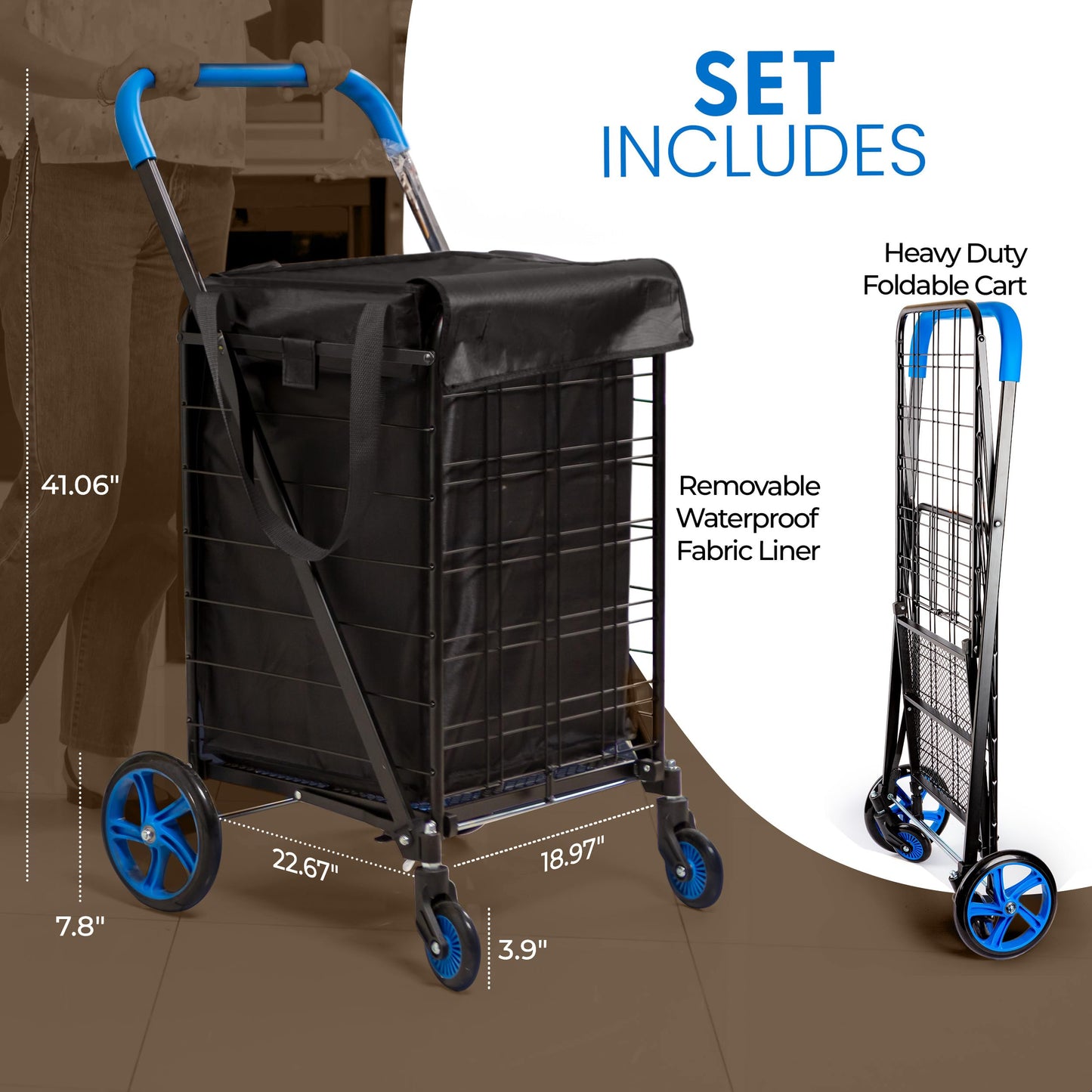 SereneLife Large Foldable Shopping Cart, 19" x 22.7" x 41" Collapsible Grocery Cart with 360° Swivel Wheels, Removable Weatherproof Liner, 110 lbs. Capacity, Convenient and Portable (Blue)