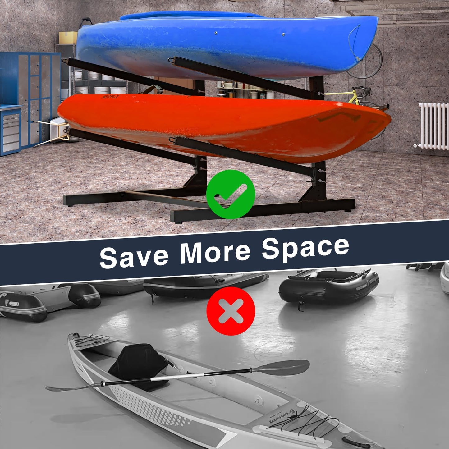 QonicFly Heavy Duty Kayak Storage Rack - Adjustable Freestanding Stand for Kayaks, Canoes, Paddleboards, and Surfboards - Ideal for Garage, Shed, Dock, and Outdoor Storage (2 Levels)