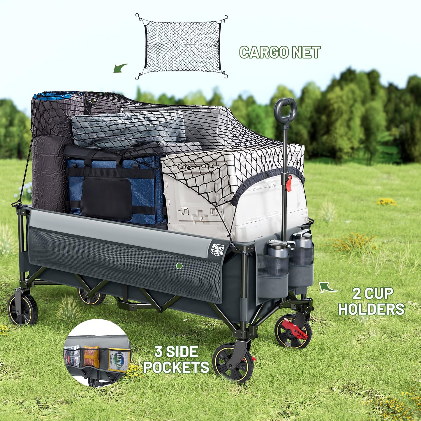 Timber Ridge 51.2'' Extended Collapsible Wagon Cart, 500LBS Heavy Duty Foldable Utility Wagon with Adjustable Handle, 400L Capacity Portable Cart with Cargo Net for Camping Sports Shopping-Grey