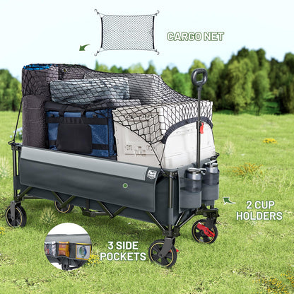 Timber Ridge 51.2'' Extended Collapsible Wagon Cart, 500LBS Heavy Duty Foldable Utility Wagon with Adjustable Handle, 400L Capacity Portable Cart with Cargo Net for Camping Sports Shopping-Grey