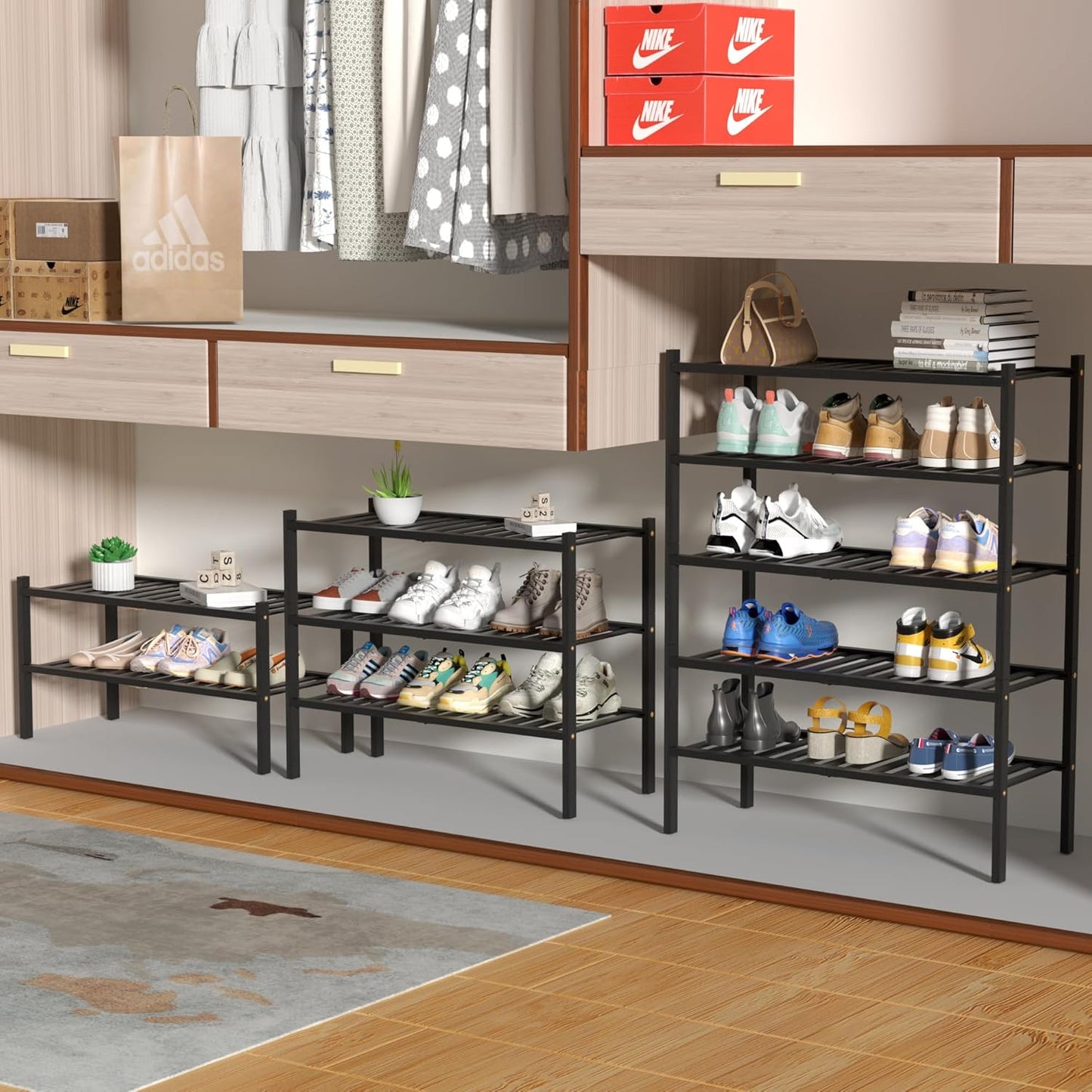 ROMGUAR CRAFT 4-Tier Bamboo Shoe Rack - Free Standing Wood Shelf for Small Spaces | 27"x11"x26" (Black)