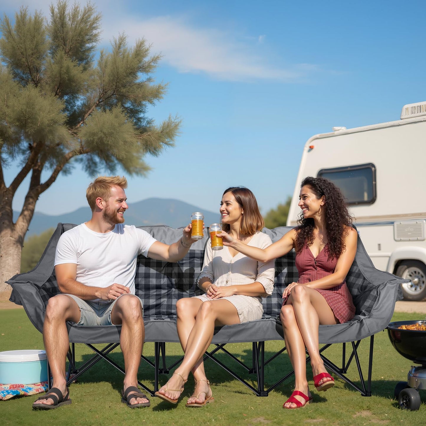 Huskfirm 3 Person Camping Chair Padded Loveseat Camping Chair Folding Camping Couch Portable Double Camping Chairs Heavy Duty Camp Chair for Adults Outdoor Lawn with Two Cup Holders and Carry Bag