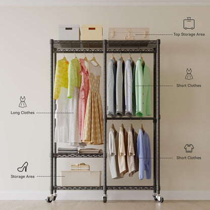 Higeego H9 Garment Rack with Cover, Heavy Duty Clothing Rack for Hanging Clothes, Portable Closet with wheels, Wardrobe Closet with Adjustable Shelves, Black Rack Shelf with Black Fabric Cover