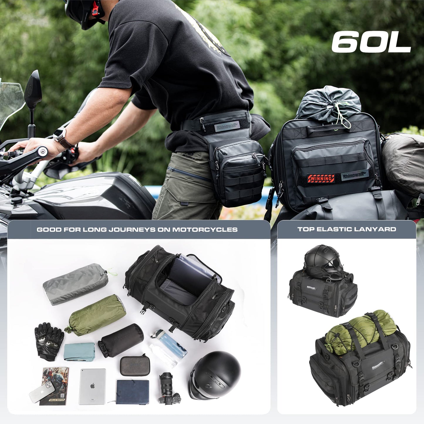 Rhinowalk Motorcycle Tail Bag, Expandable Motorcycle Travel Luggage Bags 60L, Waterproof All-Weather Trunk Rack Bag with Sissy Bar Straps & Helmet Rain Cover-Black