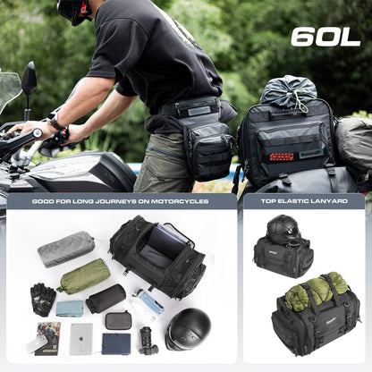 Rhinowalk Motorcycle Tail Bag, Expandable Motorcycle Travel Luggage Bags 60L, Waterproof All-Weather Trunk Rack Bag with Sissy Bar Straps & Helmet Rain Cover-Black