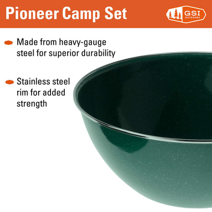 GSI Outdoors Camp Dinnerware Set I 4-Person Set Includes Pioneer Enamel Percolator, Frypan, Kettle, Bowls, Plates & Coffee Mugs