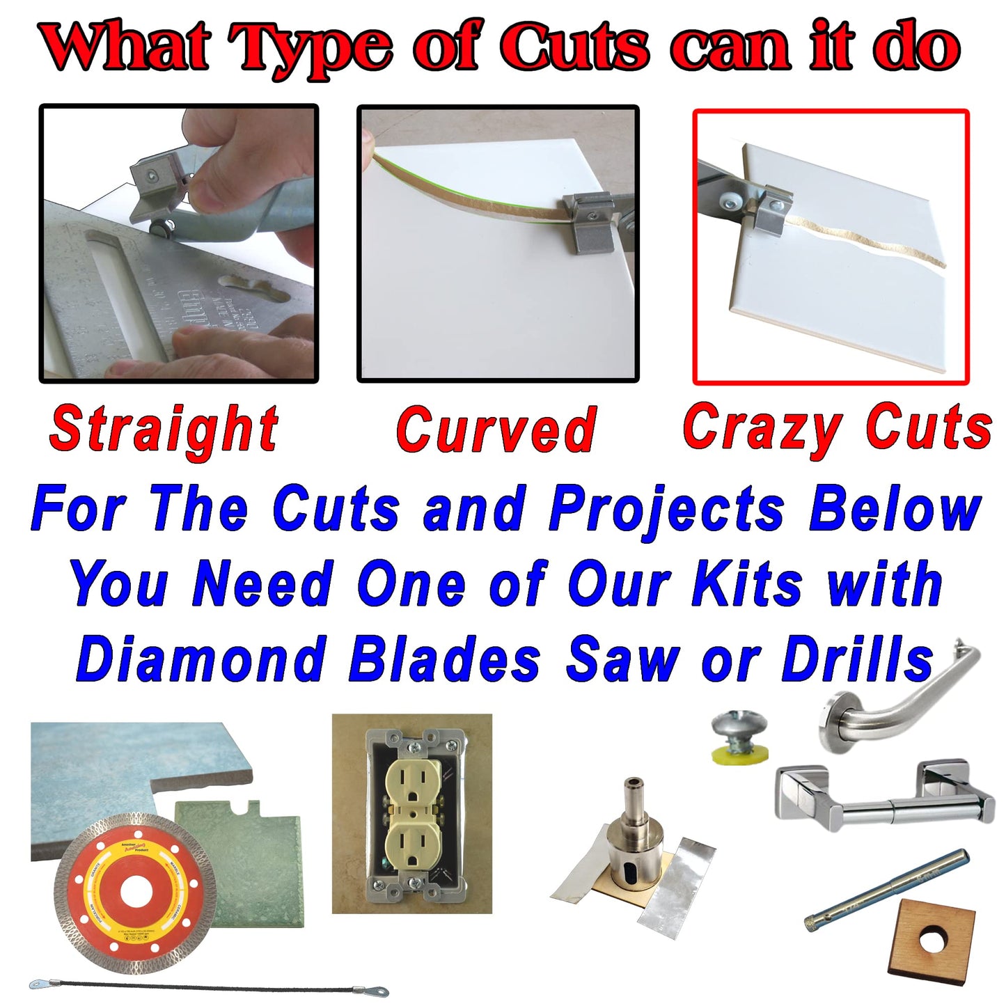 Left Handed Ceramic Tile Tool Kit 4 Porcelain Tile Drill Bits Hole Saw for Taps Saw Blade for Notches Grinder Tile Saw for Cutting Out Sockets Tile File for Trimming Edge Grout Rake for Cleaning Grout