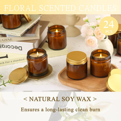 Cmoott 24 Pcs 4 Oz Mason Jar Candles, Vanilla Scented Soy Candles Bulk Set for Stress Relief and Relaxation, Great Favors for Wedding, Christmas, Housewarming Gifts (Gold,Amber Glass, Vanilla, 24)