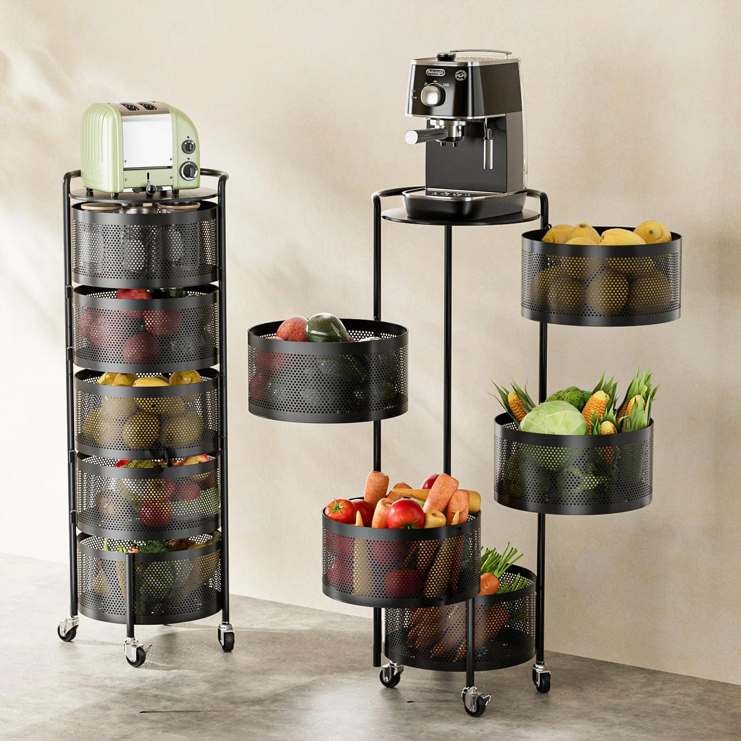 JAQ No Assembly 5-Tier Kitchen Storage Cart with Wheels, Rotating Produce Organizer for Onion, Potato & Vegetable Storage, Large Capacity Pantry Storage Rack, Black